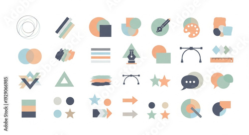 Collection of colorful graphic design icons representing various tools and elements.