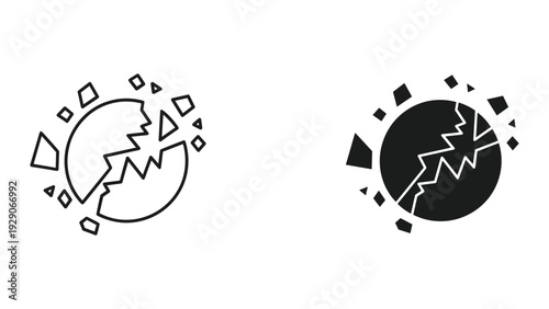 Black and white broken globe icons with shattered effect