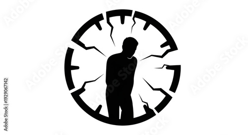 silhouette of a man standing inside a circle with several jagged cracks spreading toward him