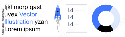 Business strategy, productivity, startups, data analysis, project management, organization. A rocket, a checklist and a pie chart. Productivity and project management concepts