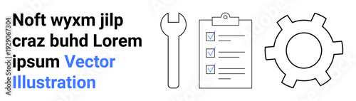 Wrench, checklist clipboard with checkmarks, gear for settings, task planning, and optimization. Ideal for maintenance, project workflow, task management, engineering productivity development
