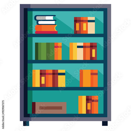 Modern flat design bookshelf stocked with colorful books and decorative items for a vibrant home or office space