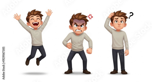 Three cartoon men expressing different emotions - happy, angry, and confused.