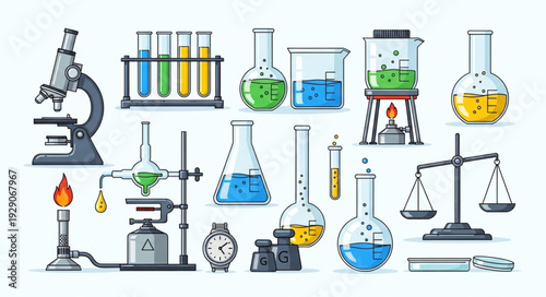 Collection of laboratory equipment and tools for scientific research and experiments.