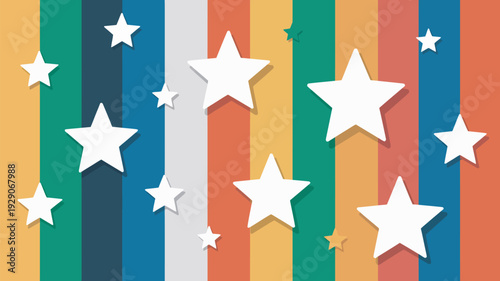 A colorful graphic design featuring white stars on a striped background