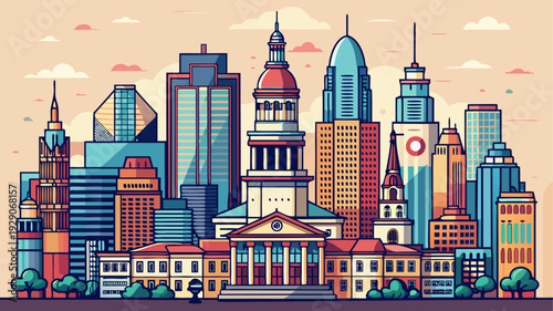 Very beautiful detailed vector skyline of Philadelphia featuring tall modern buildings and classic church towers, designed in clean line art suitable for travel graphics and architectural themed proje