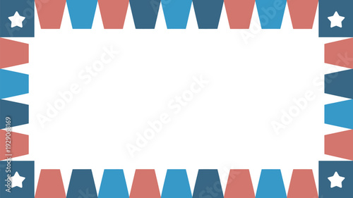 A colorful patriotic border design with red, white, and blue flags and stars on a white background