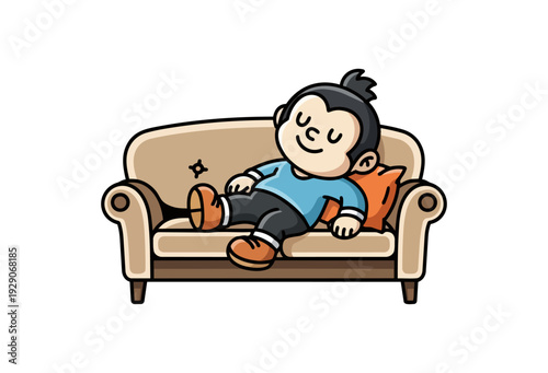 Cartoon figure relaxing on sofa against black background