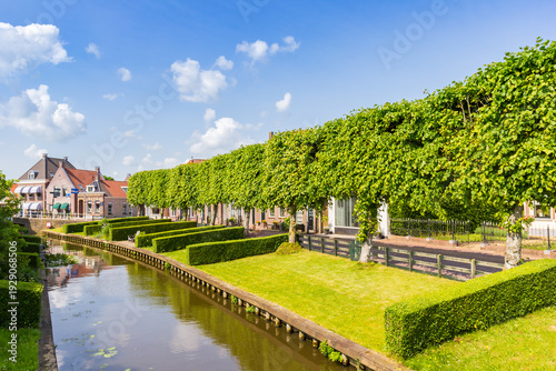 Trees and old houses at the canal in IJlst, Netherlands