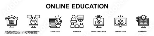 Online Education Banner Web Icon Set Vector Illustration. Also Suitable For E Learning, Studying, Online Teaching and Educational Service Outline Icons