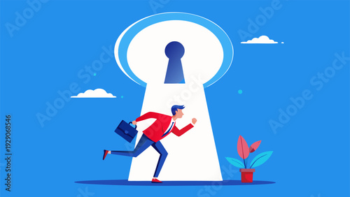Ambitious businessman running through keyhole to unlock potential.eps