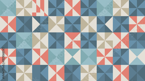 A colorful geometric pattern of triangles in various shades of blue, red, and beige
