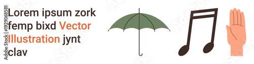 Music, communication, weather, hand gestures, design, simplicity. A musical note, umbrella and hand icon beside placeholder text. Music and communication concepts explored creatively