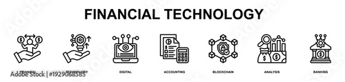 Financial Technology Banner Web Icon Set Vector Illustration. Also Suitable For Smart Wallet, Digital Economy, Fintech and Digital Finance Outline Icons