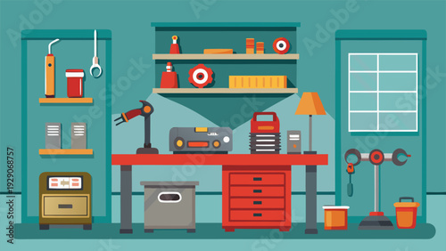 Auto Repair Service Workshop with Workbench and Tool Board Illustration.eps