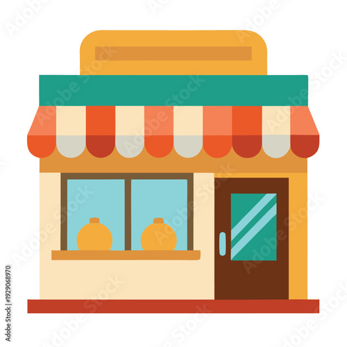 Small business store front building with striped awning and display windows flat design illustration