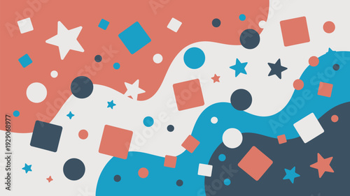 A vibrant abstract illustration featuring red, white, and blue shapes and stars on a dynamic background