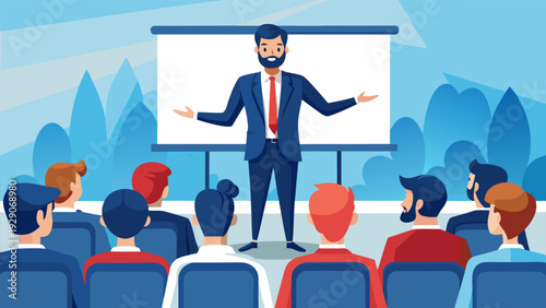 Business coach teaching financial strategy and marketing infographics to audience in training workshop..eps