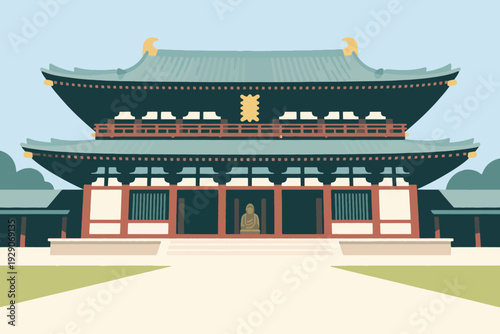 Illustration Of A Classical Peaceful Temple Building In The Middle Of A Historic Complex, Blue Clouds And Trees Vector Design Template