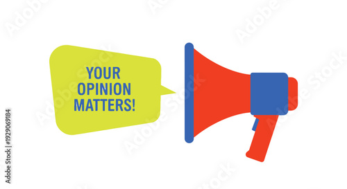 A brightly colored megaphone with the text your opinion matters displayed