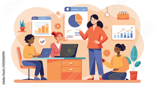 Business presentation with female leader explaining data charts to team.eps