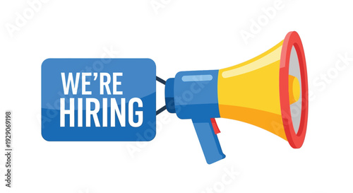 A bright blue and red megaphone announces we re hiring in white text