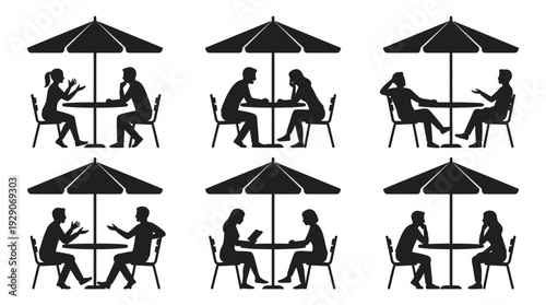 People at Patio Café Vector Set – Outdoor Dining and Conversation Icons Featuring Umbrella Tables and Social Poses for Lifestyle Graphics and Hospitality Design Projects