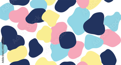 Colorful abstract shapes on with pink, blue, yellow, and teal hues