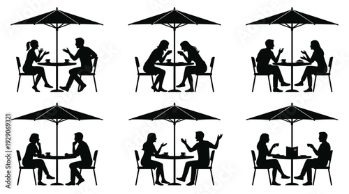 People at Patio Café Vector Set – Outdoor Dining and Conversation Icons Featuring Umbrella Tables and Social Poses for Lifestyle Graphics and Hospitality Design Projects
