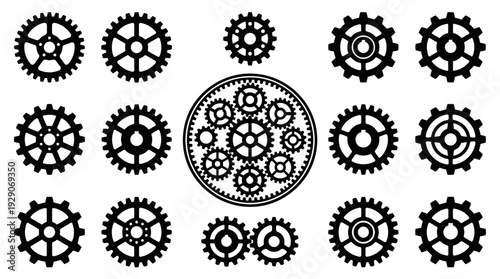 Gear and Cogwheel Silhouette Vector Set – Mechanical Icons Featuring Industrial Wheels, Engineering Parts, and Clockwork Elements for Tech Graphics and Machine Design Projects