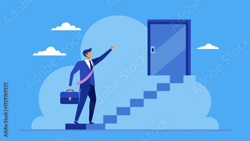 Businessman climbing ladder to open door of new opportunities.eps