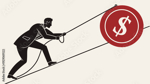 Businessman silhouette pulling a large red dollar coin with ropes..eps