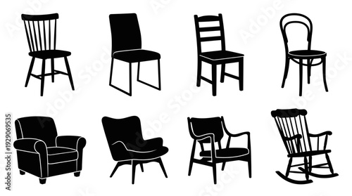 Chair Silhouette Vector Set – Classic and Modern Seating Icons Featuring Dining Chairs and Armchairs for Interior Graphics and Home Furniture Design Projects