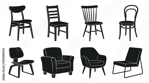 Chair Silhouette Vector Set – Classic and Modern Seating Icons Featuring Dining Chairs and Armchairs for Interior Graphics and Home Furniture Design Projects