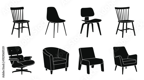 Chair Silhouette Vector Set – Classic and Modern Seating Icons Featuring Dining Chairs and Armchairs for Interior Graphics and Home Furniture Design Projects