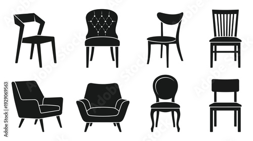 Chair Silhouette Vector Set – Classic and Modern Seating Icons Featuring Dining Chairs and Armchairs for Interior Graphics and Home Furniture Design Projects