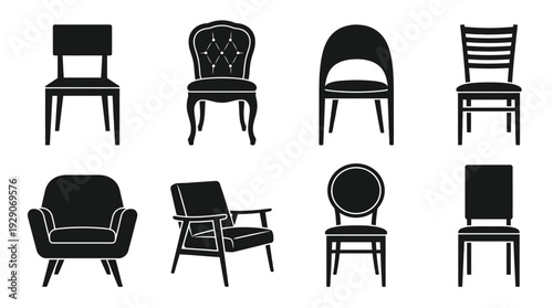 Chair Silhouette Vector Set – Classic and Modern Seating Icons Featuring Dining Chairs and Armchairs for Interior Graphics and Home Furniture Design Projects