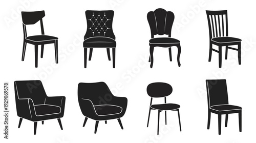 Chair Silhouette Vector Set – Classic and Modern Seating Icons Featuring Dining Chairs and Armchairs for Interior Graphics and Home Furniture Design Projects