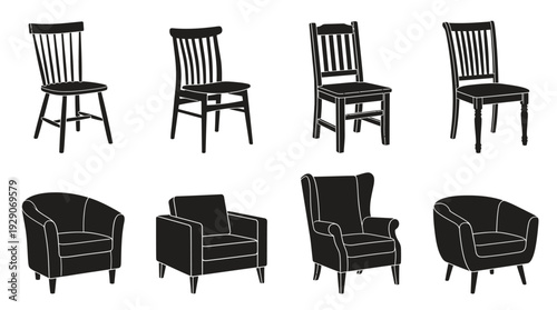 Chair Silhouette Vector Set – Classic and Modern Seating Icons Featuring Dining Chairs and Armchairs for Interior Graphics and Home Furniture Design Projects