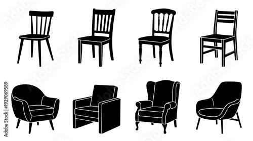 Chair Silhouette Vector Set – Classic and Modern Seating Icons Featuring Dining Chairs and Armchairs for Interior Graphics and Home Furniture Design Projects