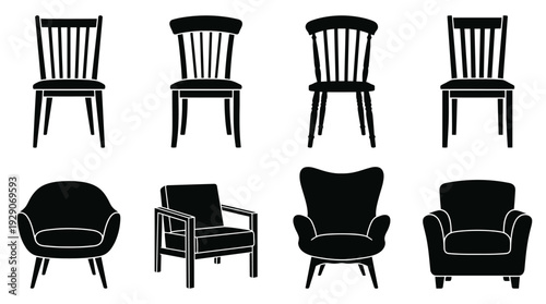 Chair Silhouette Vector Set – Classic and Modern Seating Icons Featuring Dining Chairs and Armchairs for Interior Graphics and Home Furniture Design Projects