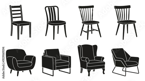 Chair Silhouette Vector Set – Classic and Modern Seating Icons Featuring Dining Chairs and Armchairs for Interior Graphics and Home Furniture Design Projects