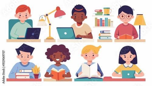 Children education set with students studying and learning in classroom.eps