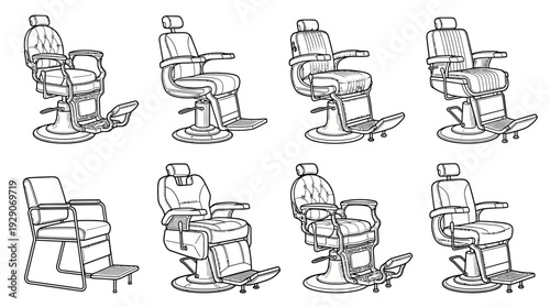 Barbershop Chair Vector Set – Classic and Modern Salon Seating Icons Featuring Reclining Styles and Footrests for Haircut Graphics and Grooming Design Projects