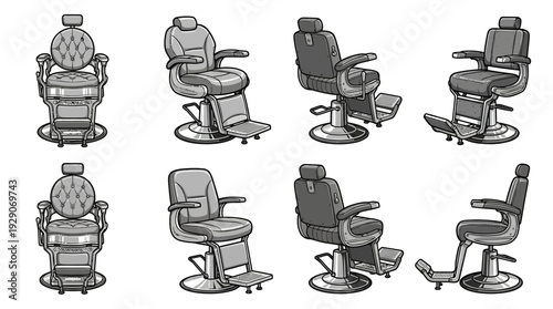 Barbershop Chair Vector Set – Classic and Modern Salon Seating Icons Featuring Reclining Styles and Footrests for Haircut Graphics and Grooming Design Projects