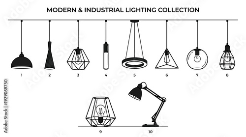 Interior Lighting Vector Set – Modern Pendant Lamps and Desk Lights Featuring Geometric Shades and Bulb Designs for Home Decor and Room Design Projects