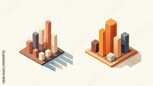Two isometric bar charts displaying data trends with varying heights and colors, casting shadows on a neutral background