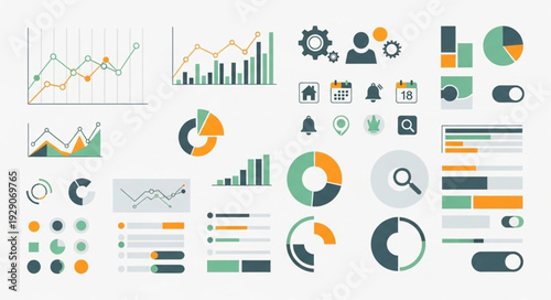 Diverse collection of data visualization charts and infographics for business analysis.