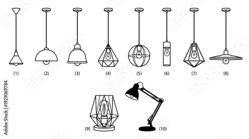 Interior Lighting Vector Set – Modern Pendant Lamps and Desk Lights Featuring Geometric Shades and Bulb Designs for Home Decor and Room Design Projects