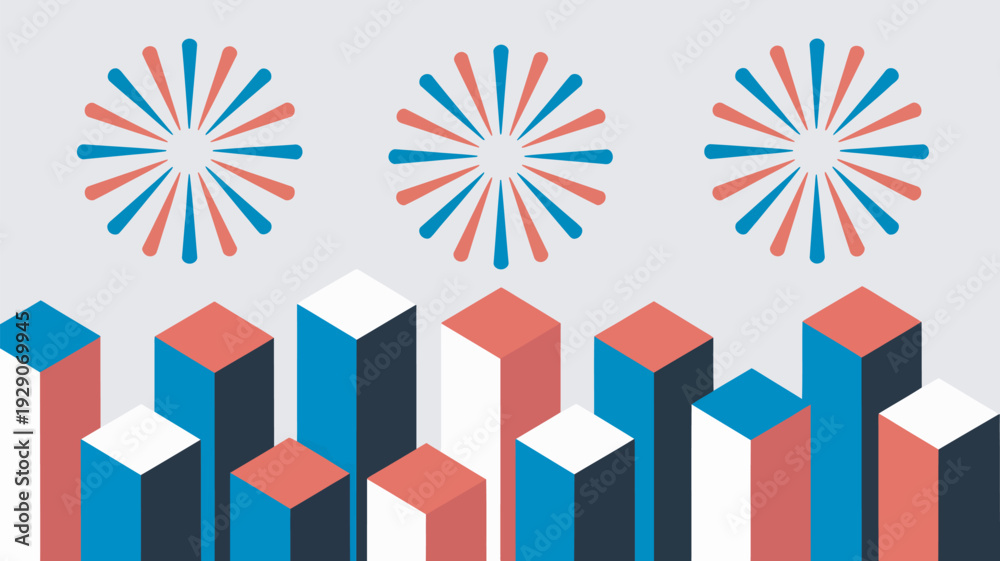 Fototapeta premium A colorful graphic illustration of red, white, and blue bars and fireworks on a light gray background.